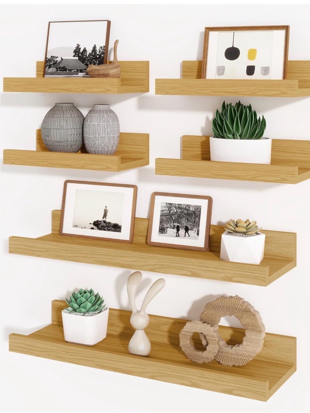 Natural Wood Floating Wall Shelves - Oak Finish Set of 6